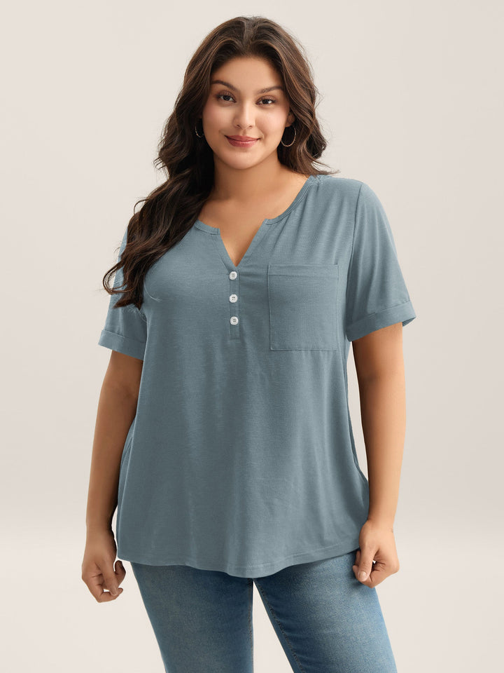 Solid Split Neck Button Detail T-Shirt