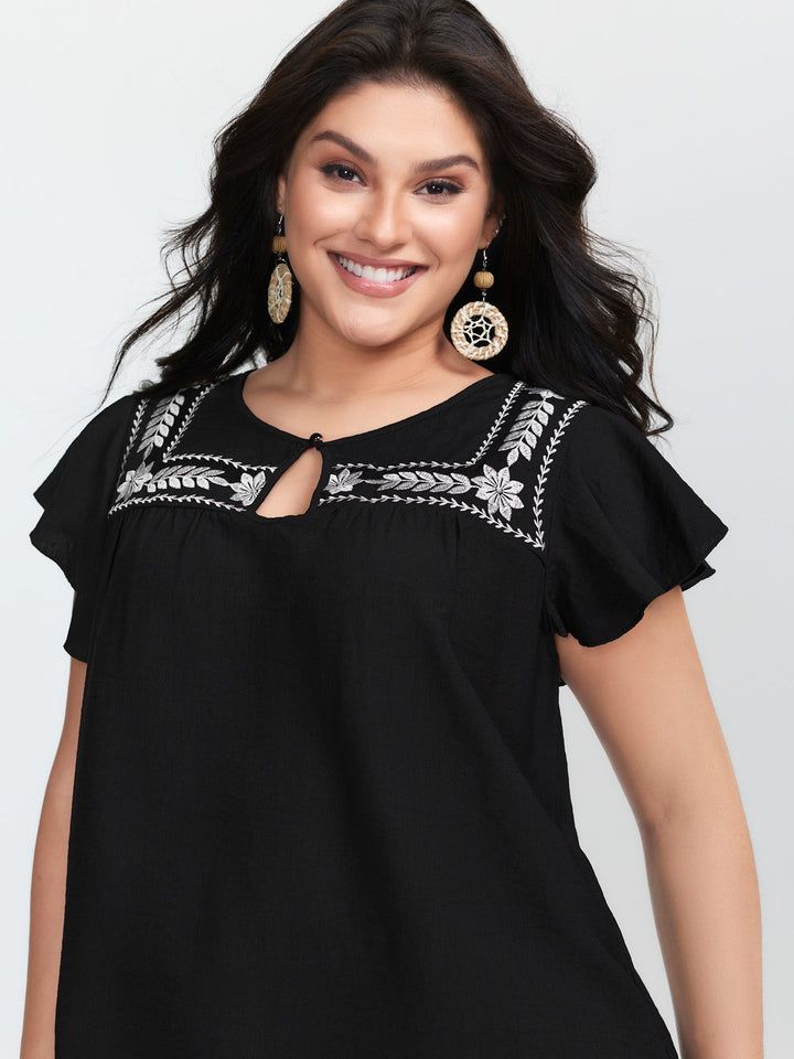 Embroidered Neckline Flutter Sleeve Blouse
