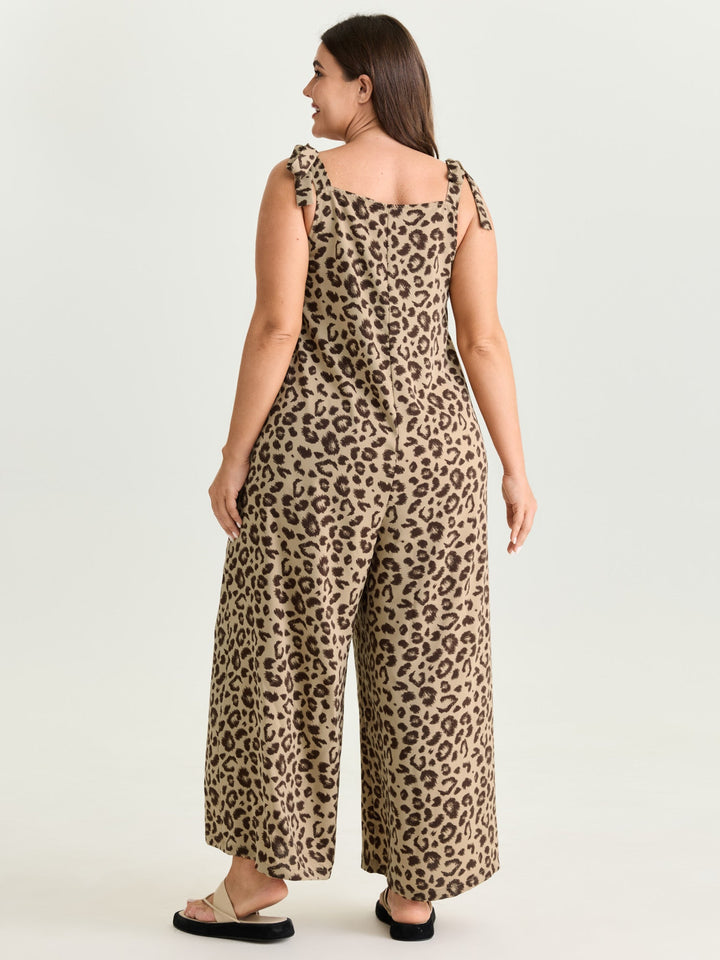Leopard Print Pockets Shoulder Ties Jumpsuit