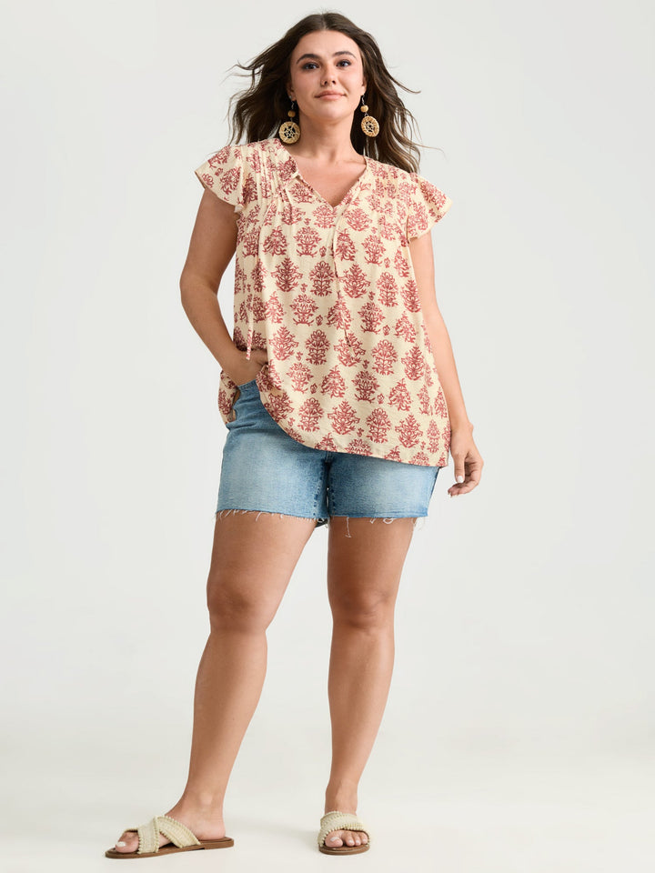 Boho Geometric Print Flutter Sleeve Blouse