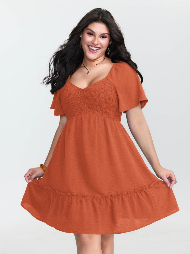 Shirred Bodice Ruffle Hem Flowy Mini Dress