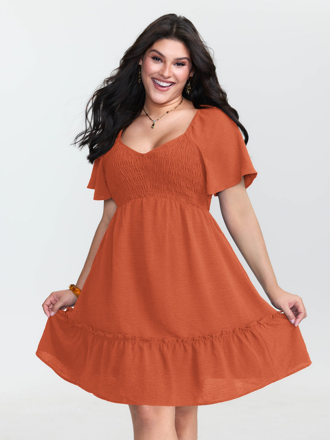 Shirred Bodice Ruffle Hem Flowy Mini Dress