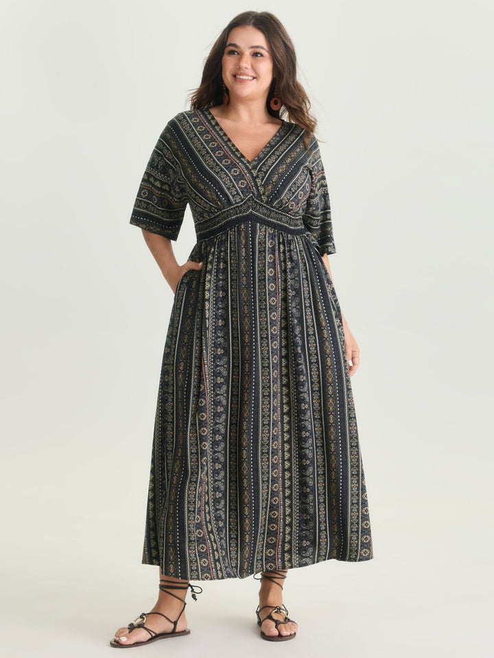Striped Contrast Dolman Sleeve Shirred Pocket Split Flutter Dress