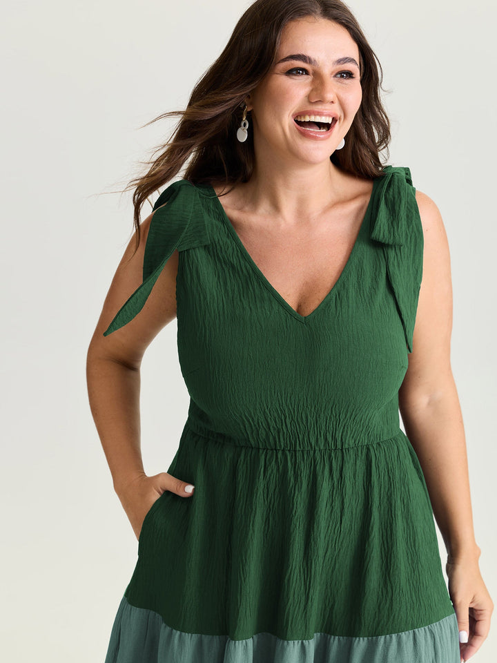 Colorblock Shoulder-Tie Tiered Maxi Dress