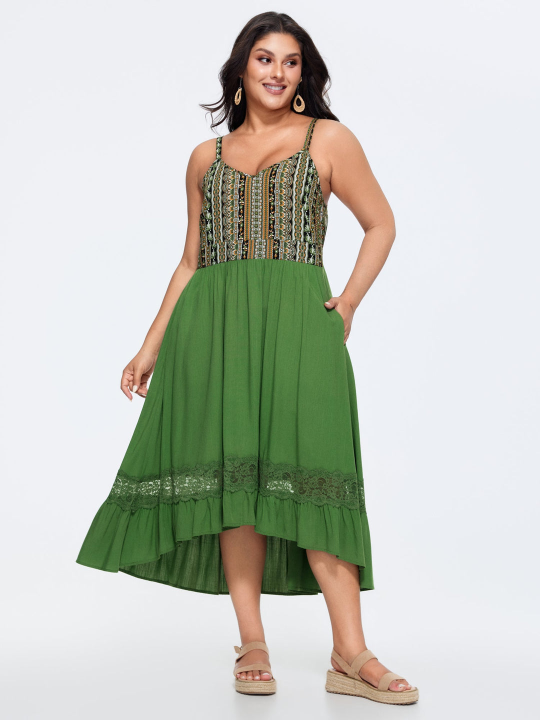 Boho Striped Lace Trim Midi Dress
