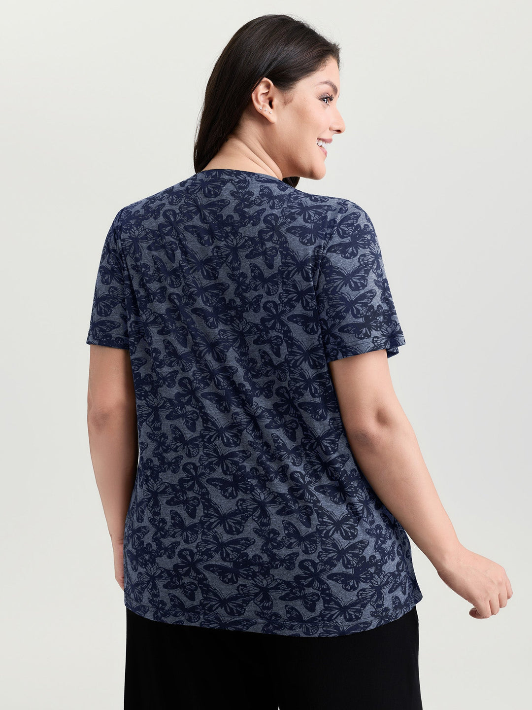 Textured Butterfly Pattern V-Neck T-Shirt