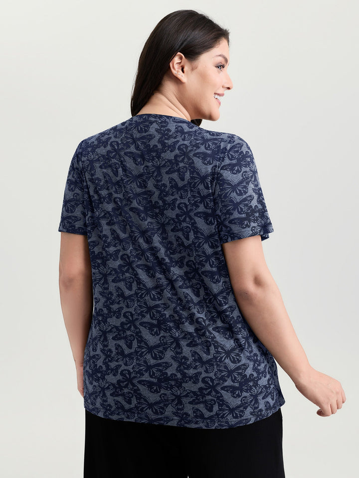 Textured Butterfly Pattern V-Neck T-Shirt