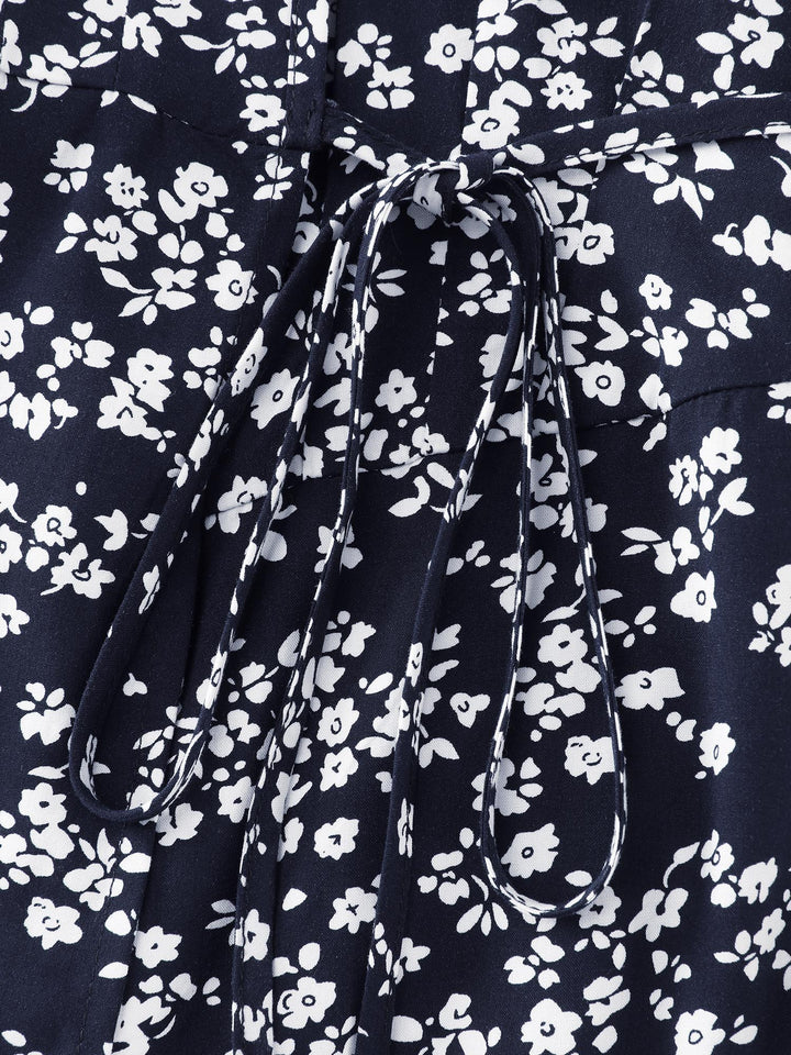 Rayon Floral Print Pleated Pockets Mini Dress