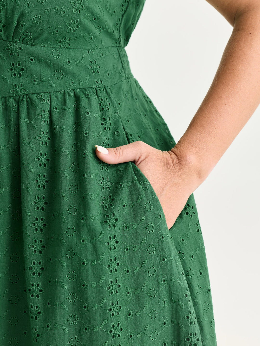 Cotton Eyelet Trim Cinched-Waist Midi Dress