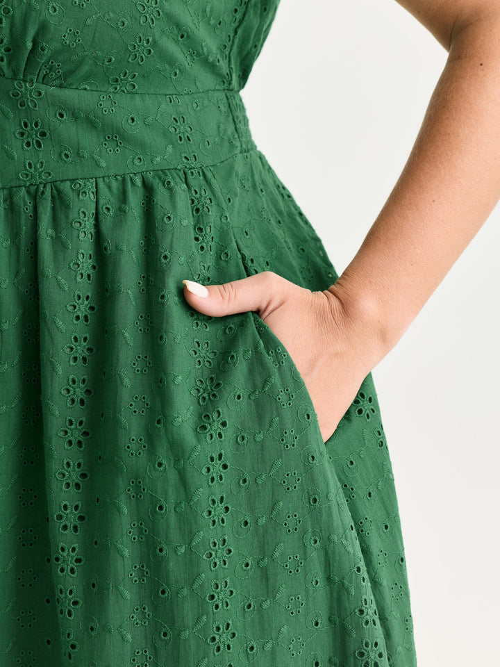 Cotton Eyelet Trim Cinched-Waist Midi Dress