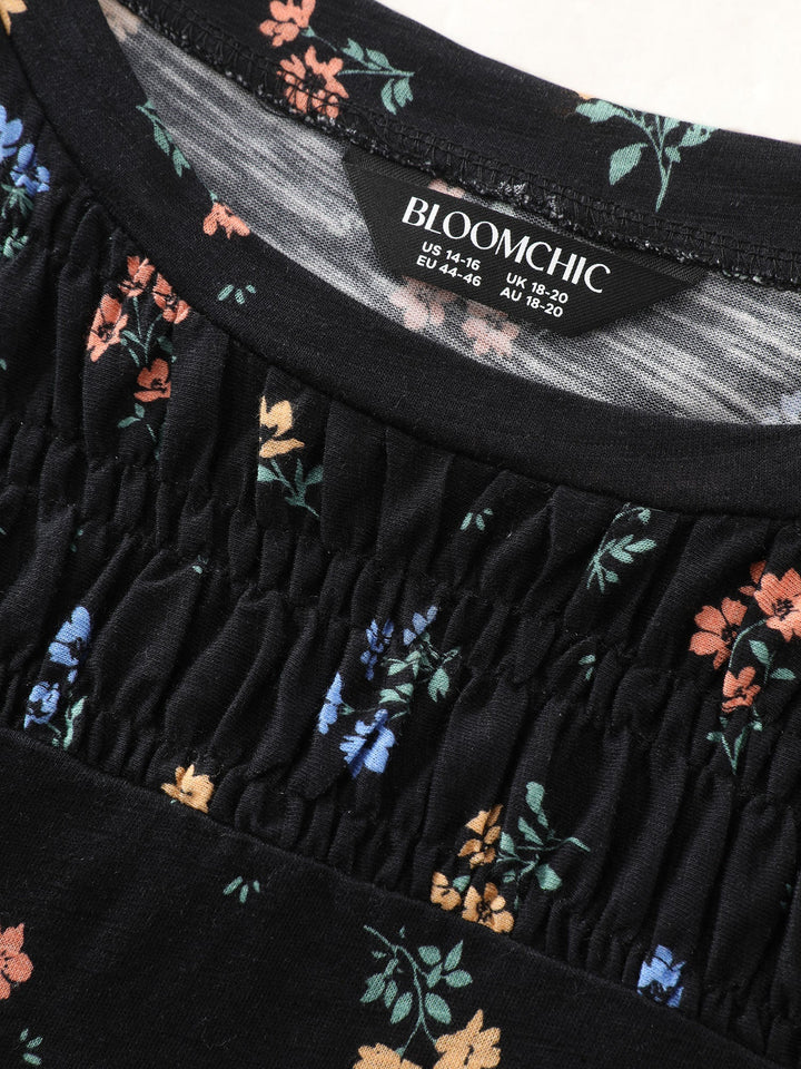 Cotton Floral Print Shirred Half-Sleeve T-Shirt