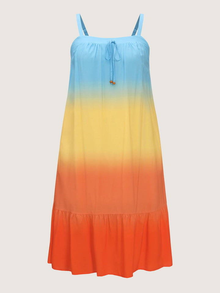 Ombre Drawstring Neckline Tiered Midi Dress