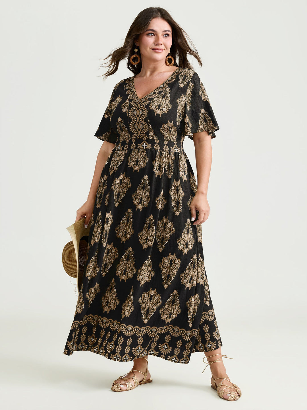 Paisley Print Pockets Shirred Waist Maxi Dress