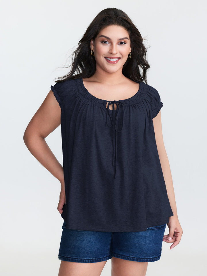 Supersoft Shirred Drawstring Neckline Flowy Top
