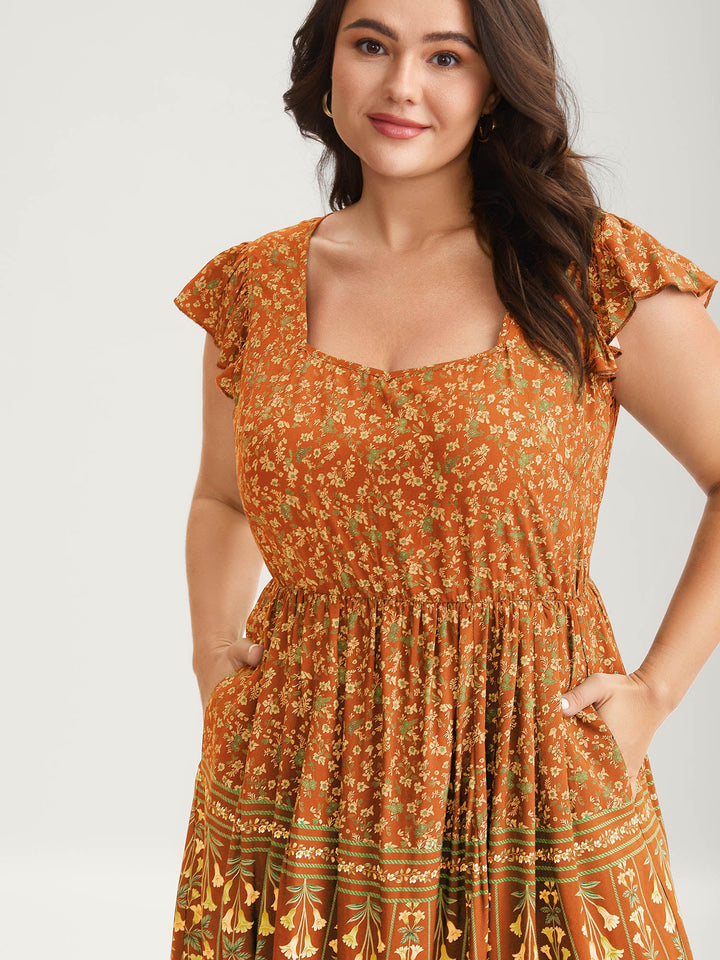 Rayon Garden Fresh Ruffled Sleeve Midi Dress