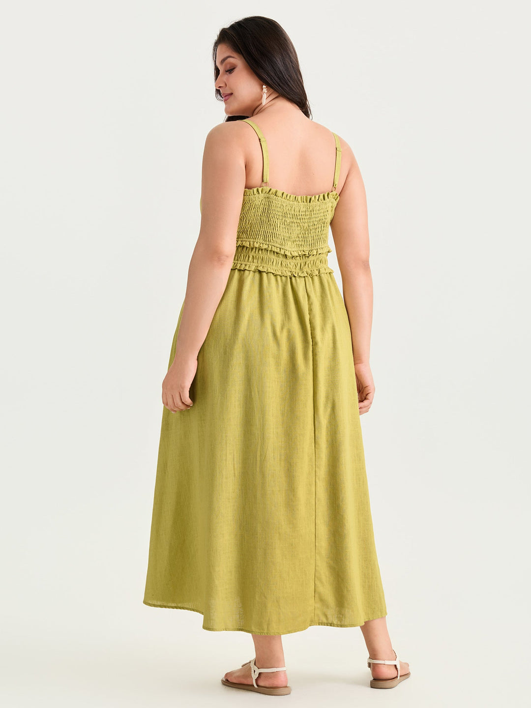 Cotton Linen Ruffle Trim Shirred Waist Cami Maxi Dress