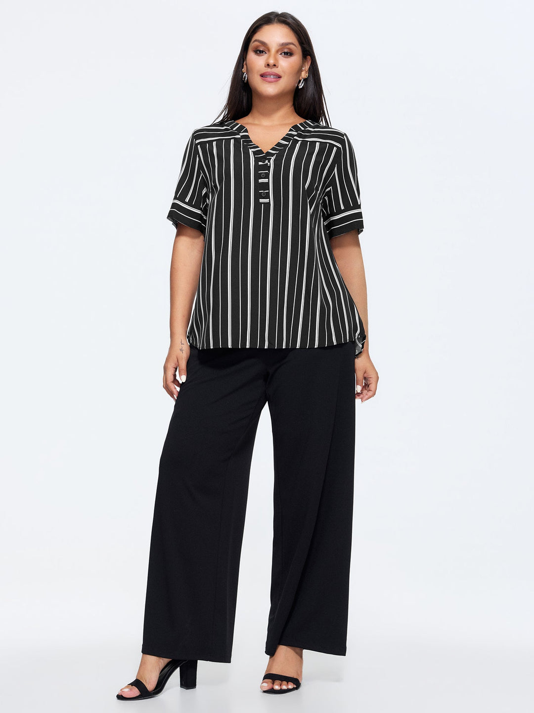 Striped Print Notched Collar Blouse