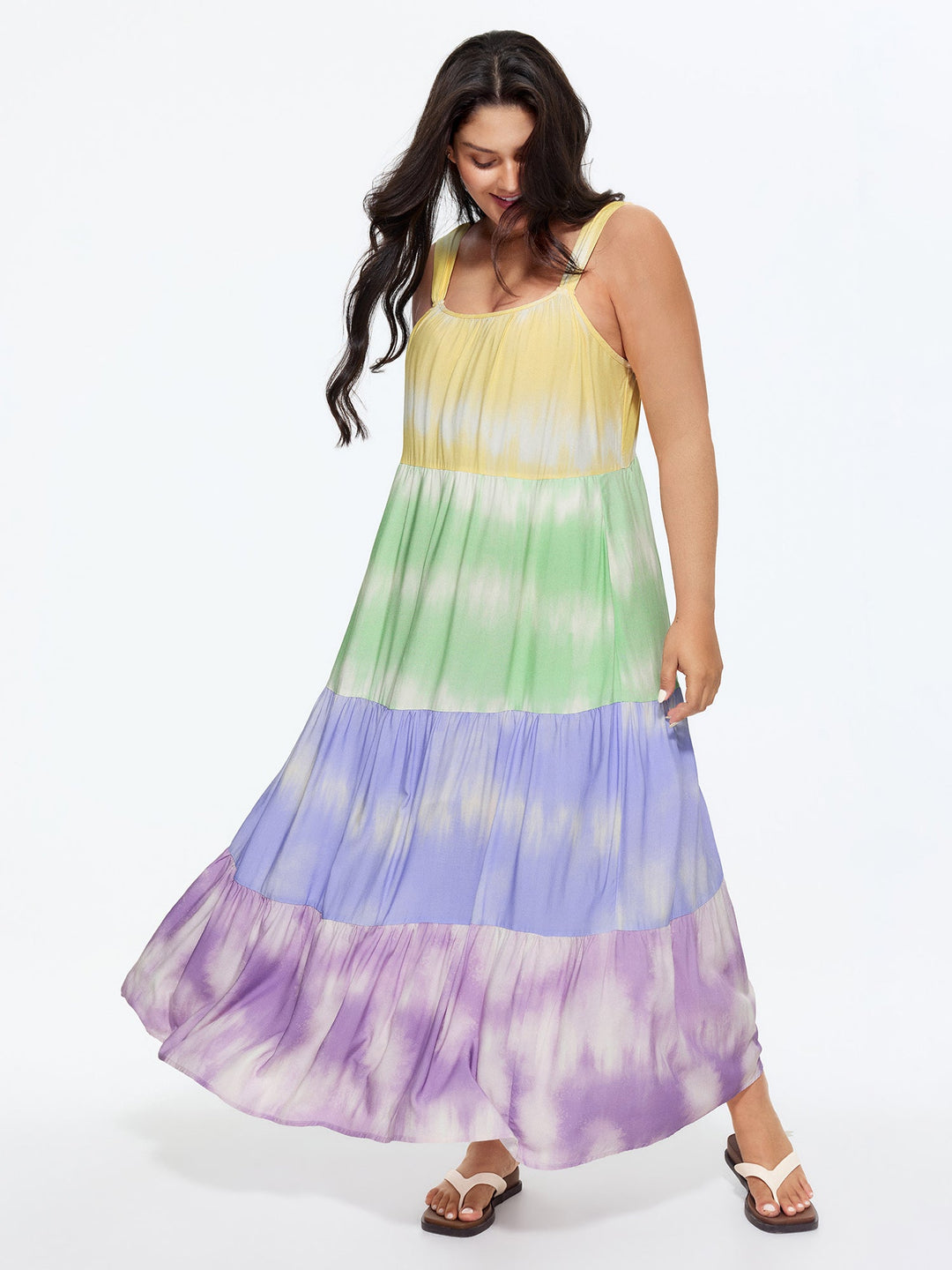 Colorblock Tiered Wide-Straps Maxi Dress