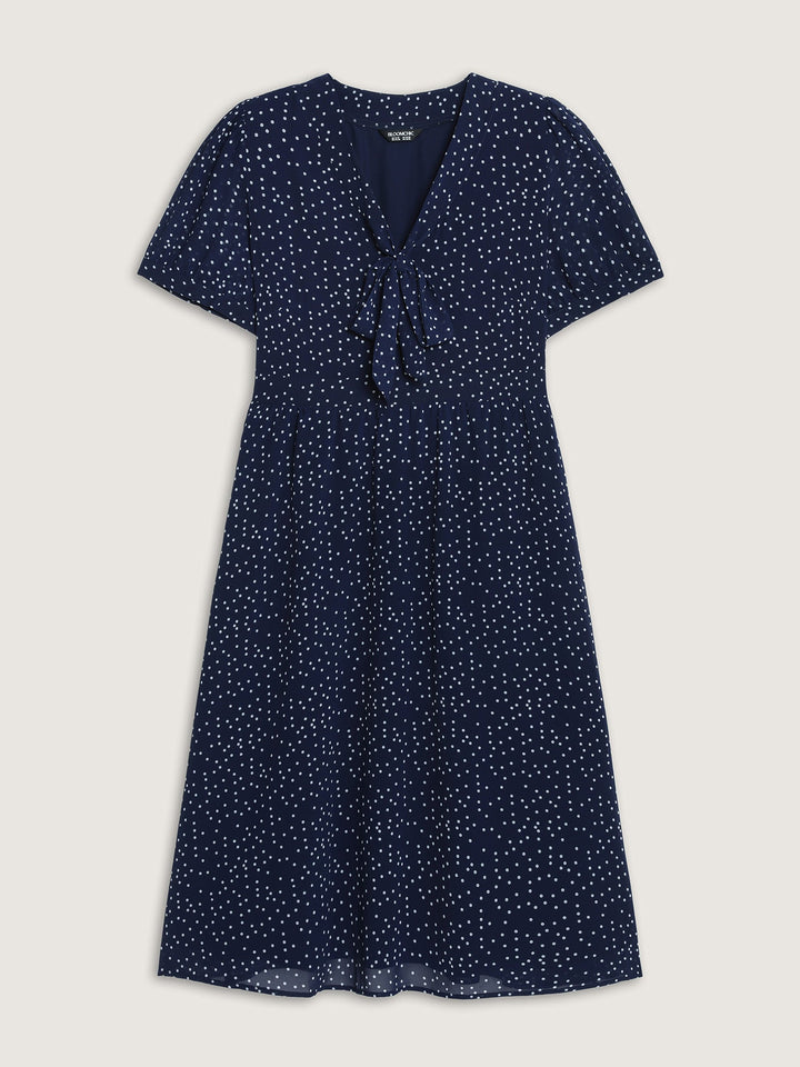 Pretty Polka Dots Ribbon Neckline Midi Dress