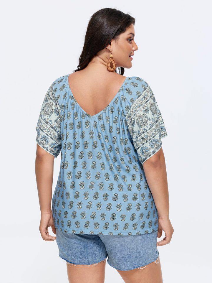 Supersoft Floral Print Flared Sleeve Pleated Knit Top