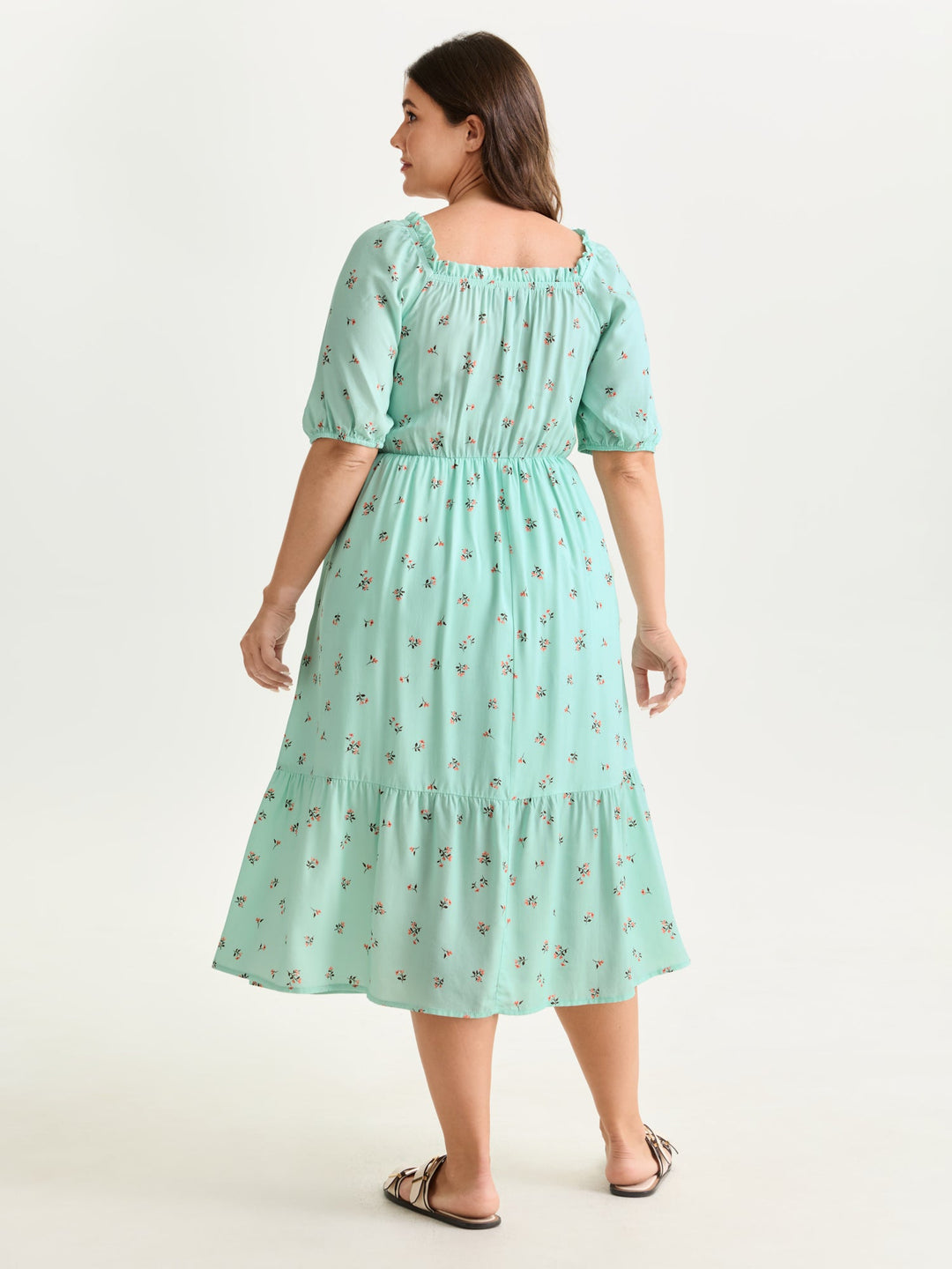 Micro Floral Shirred Bodice Midi Dress