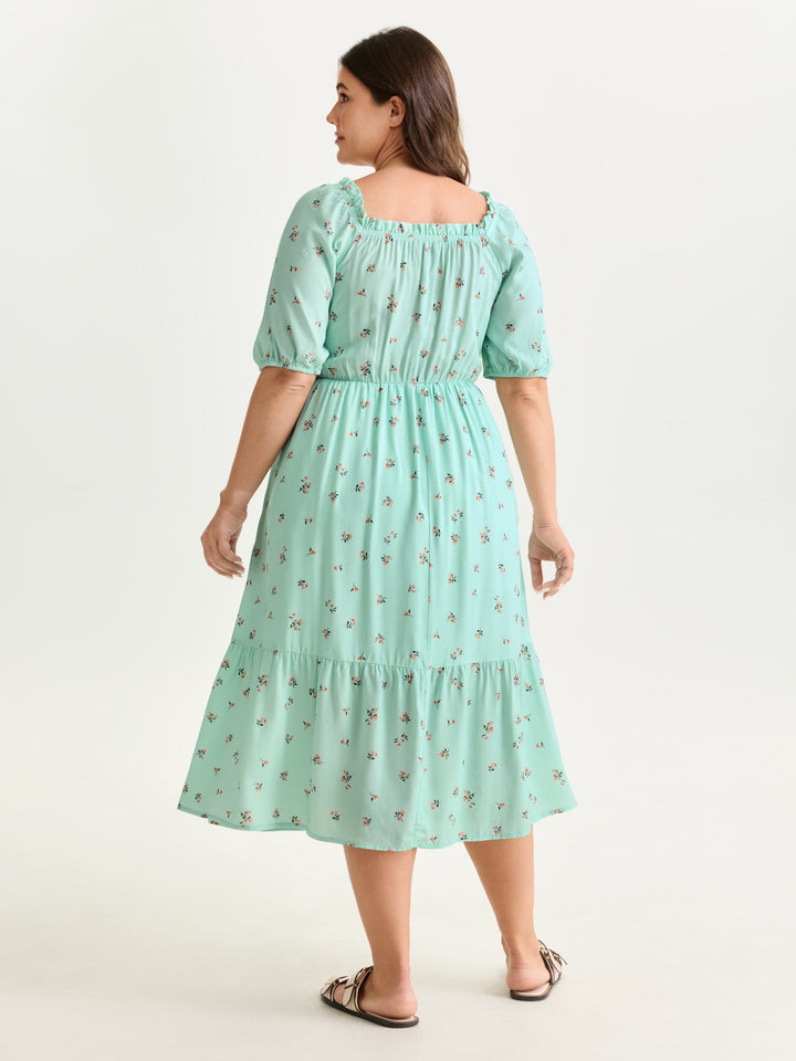 Micro Floral Shirred Bodice Midi Dress