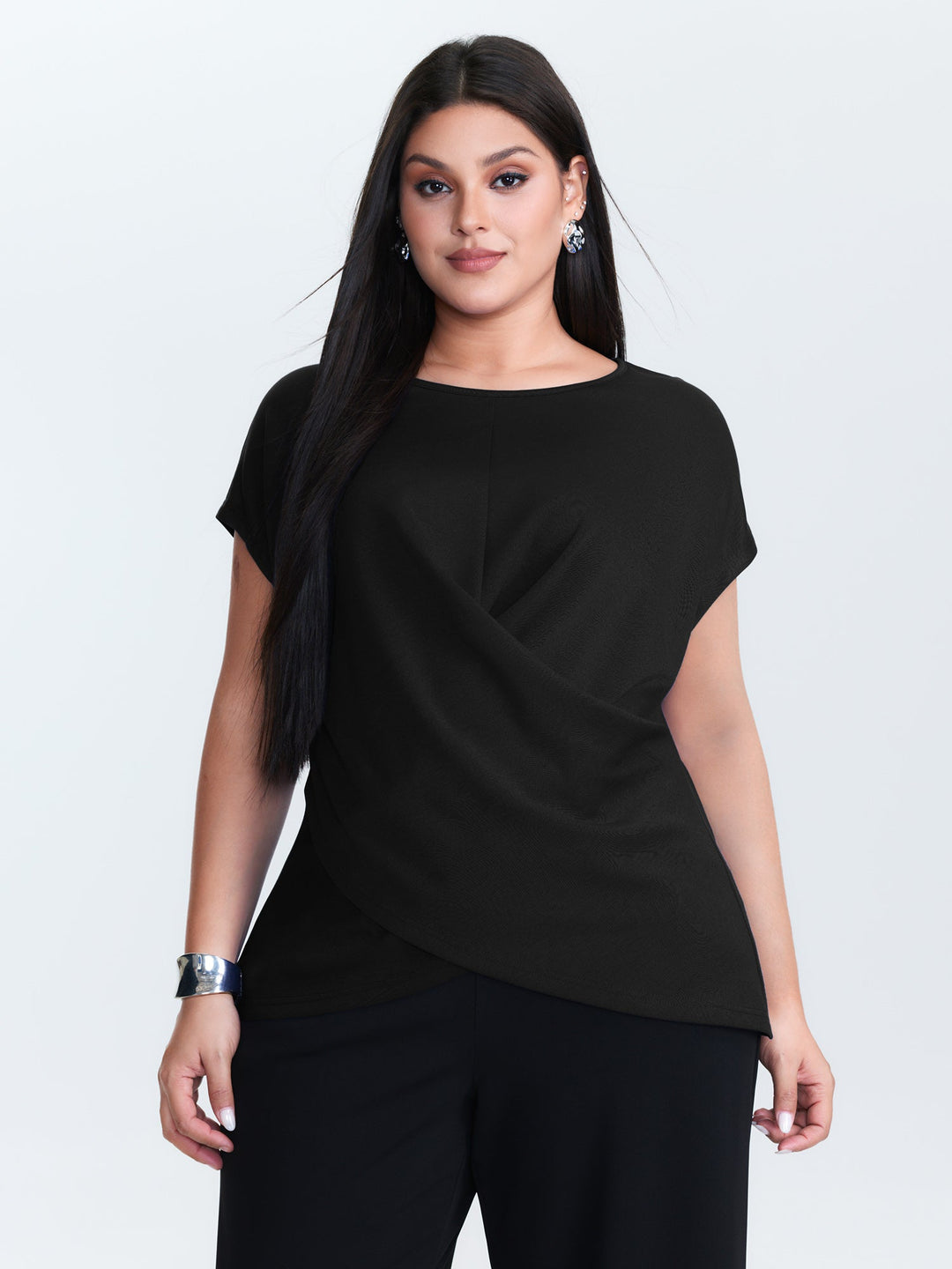 Twist-Front Boat Neckline Plain Knit Top