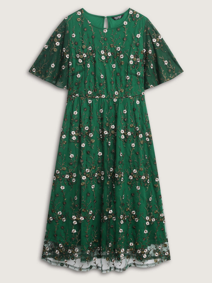 Floral Embroidered Mesh Midi Dress