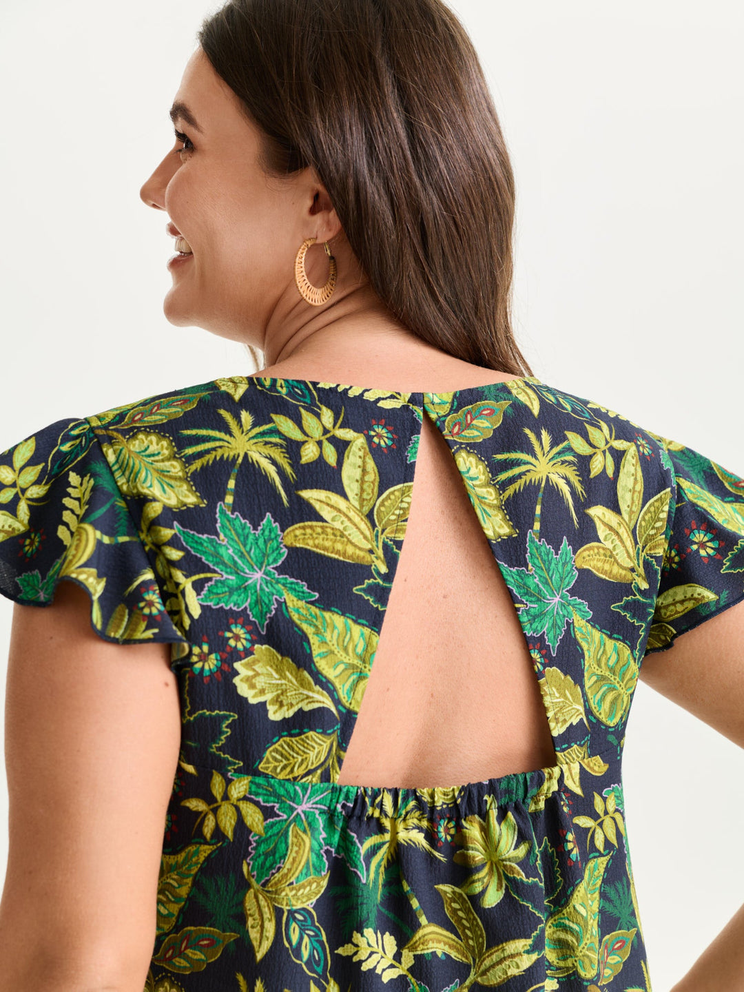Bright Floral Texture Open-Back Blouse