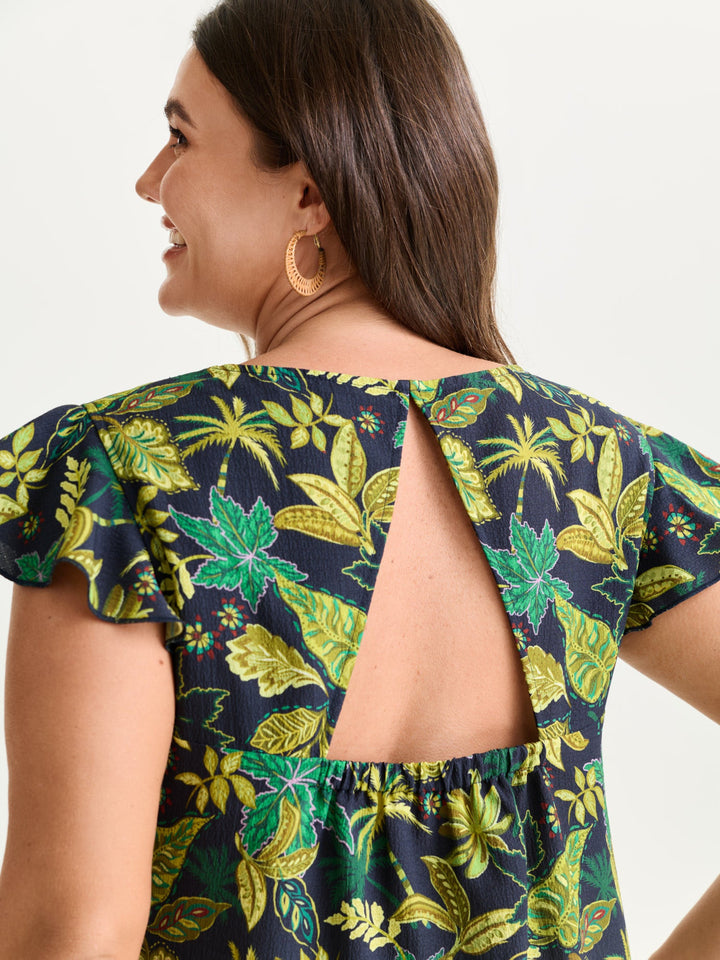 Bright Floral Texture Open-Back Blouse
