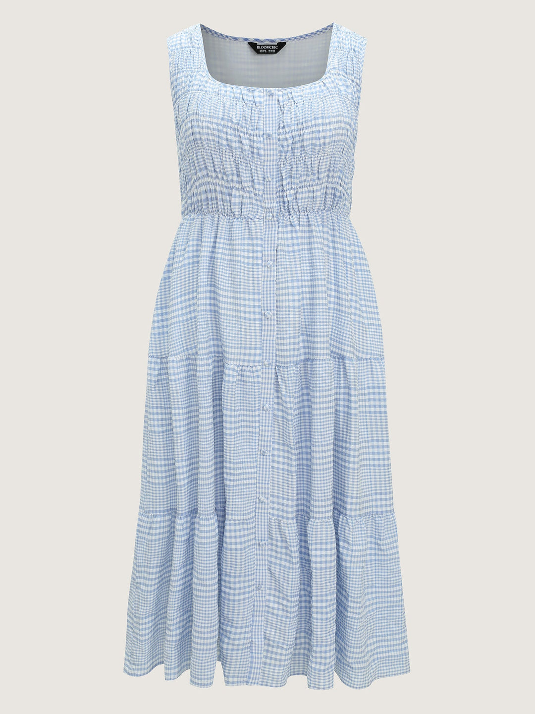Check Pattern Shirred Bodice Midi Dress