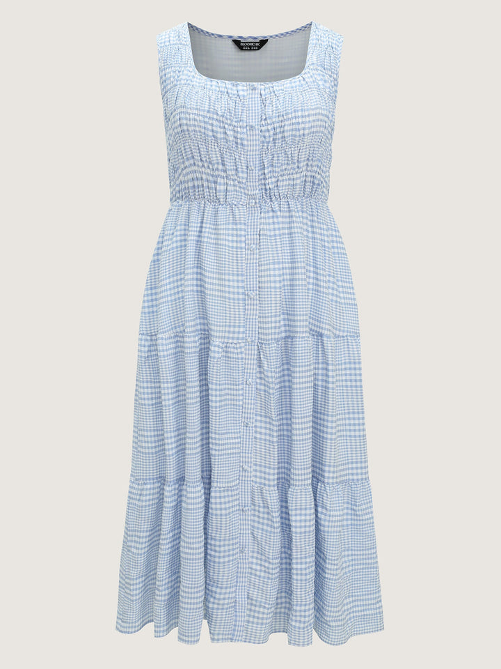 Check Pattern Shirred Bodice Midi Dress