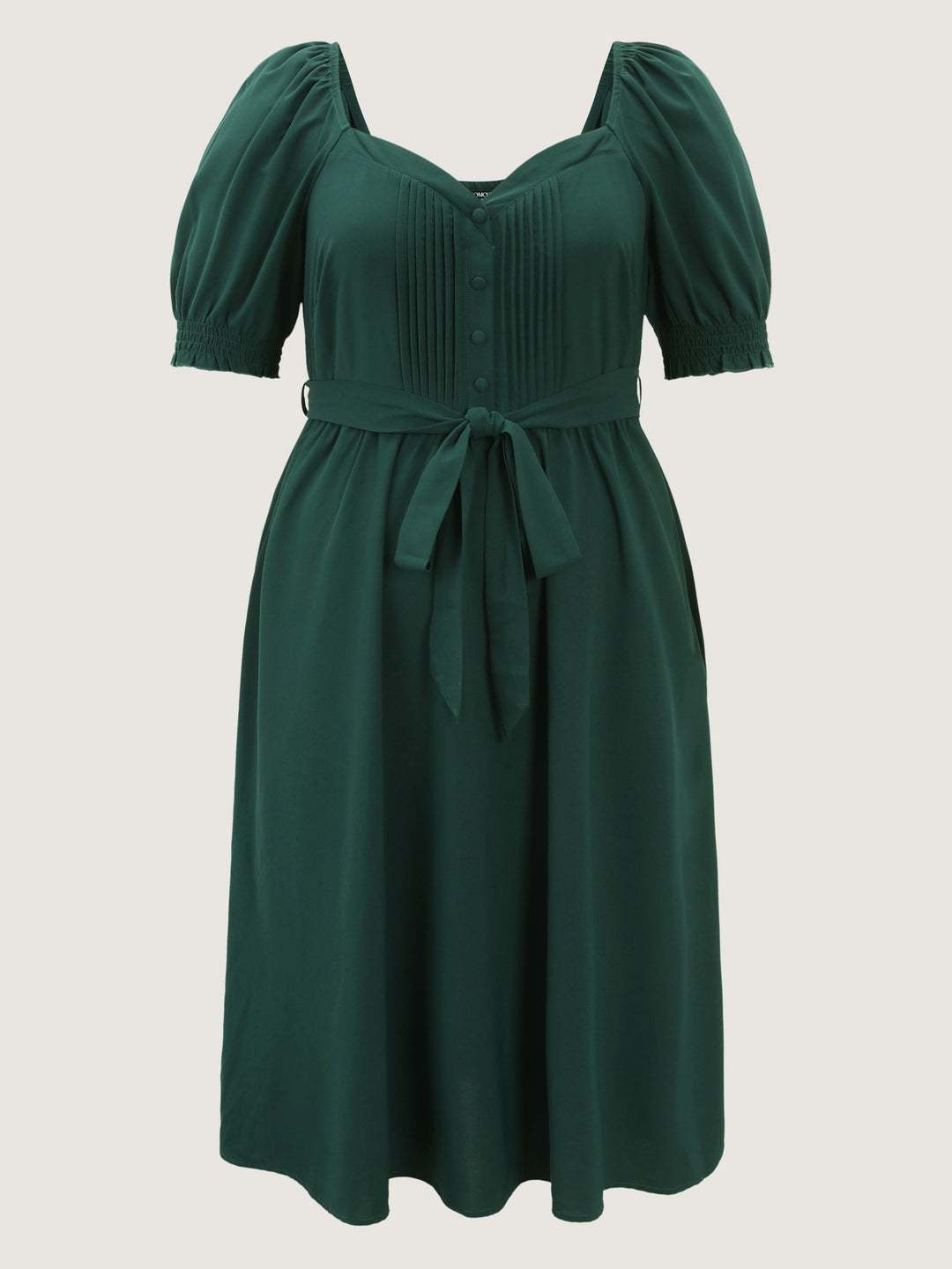 Plicated Detail Sweetheart Neck Pockets Belted Midi Dress