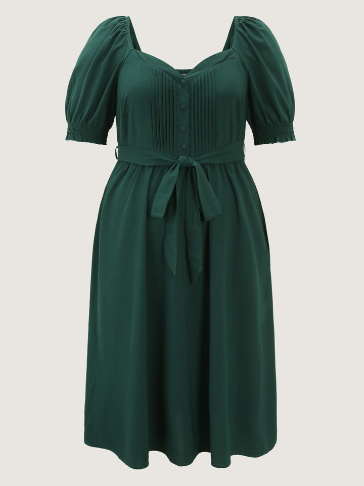 Plicated Detail Sweetheart Neck Pockets Belted Midi Dress