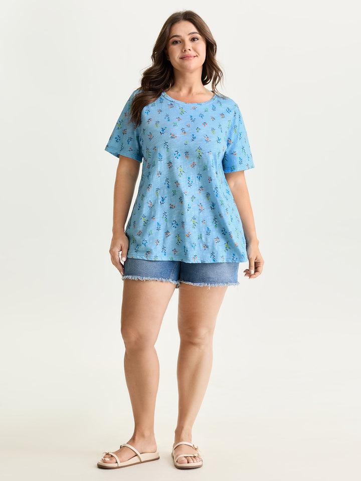 Cotton Stretchy Floral Print Long T-Shirt
