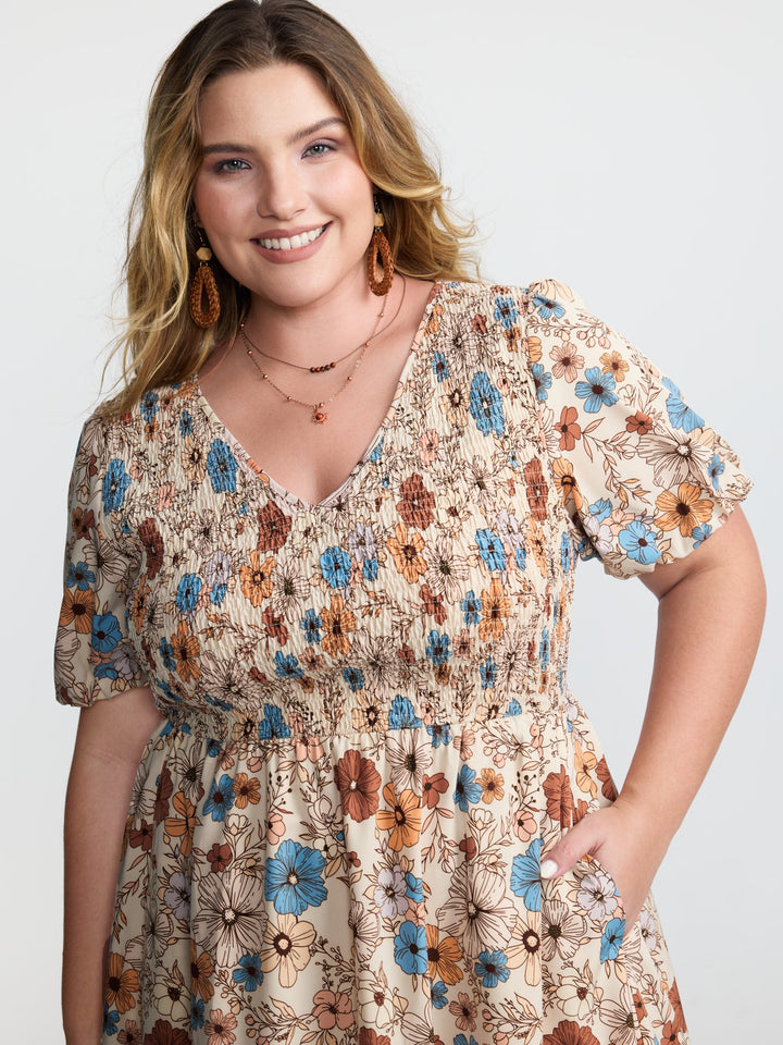 Fall Florals Shirred Bodice Midi Dress