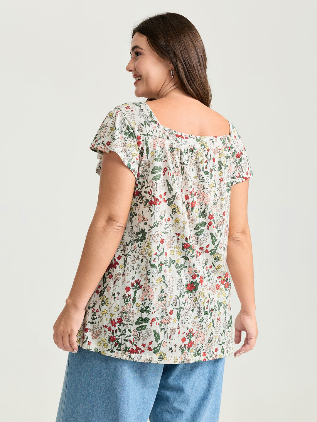 Pure Cotton Floral Print Square Neck Top