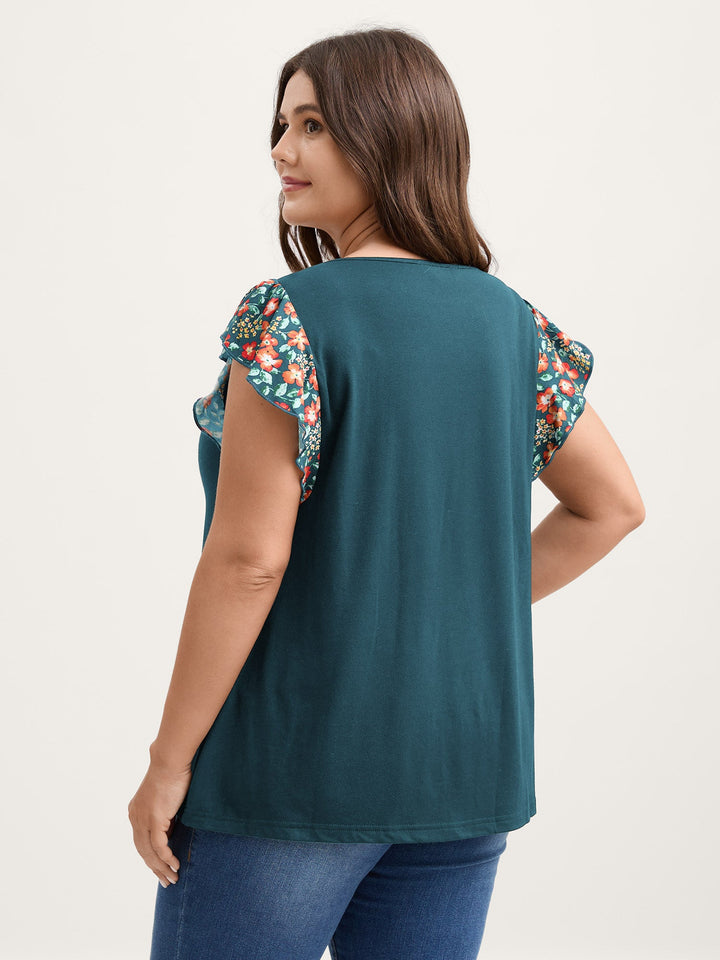 Floral Neckline Flutter Sleeve Contrast T-Shirt