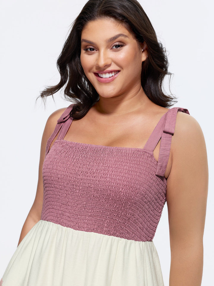 Colorblock Shirred Bodice Tiered Mini Dress