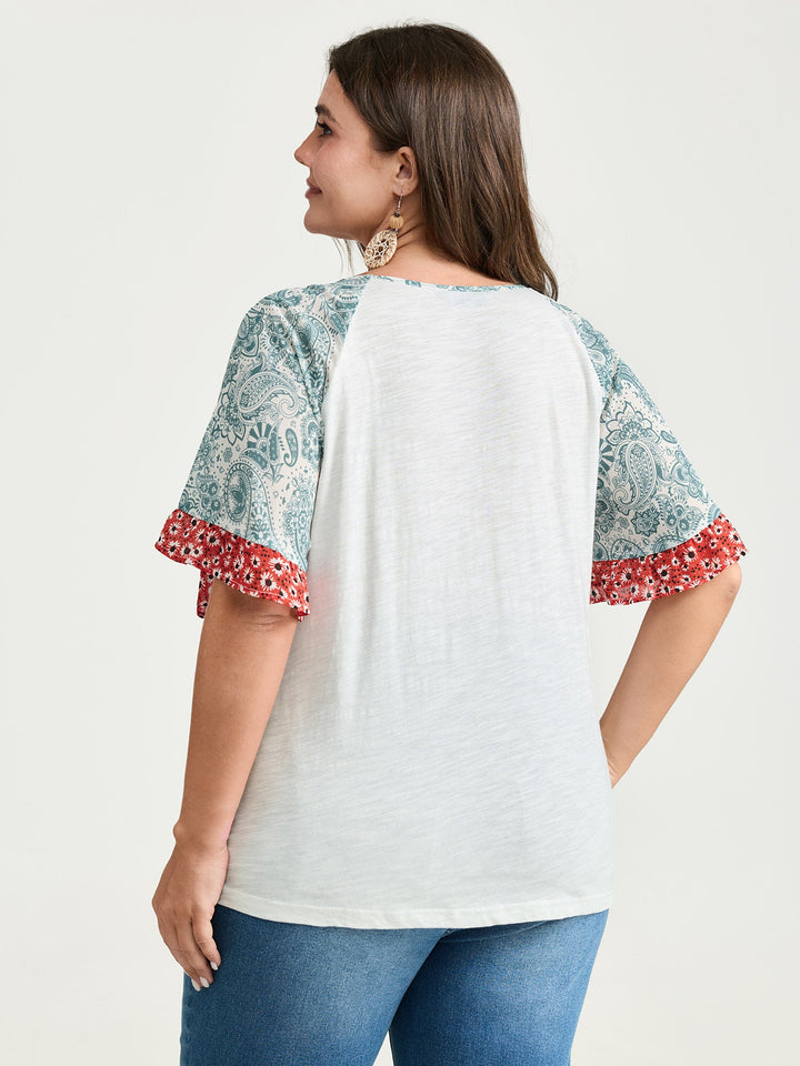 Pure Cotton Floral Sleeve Knotted T-Shirt
