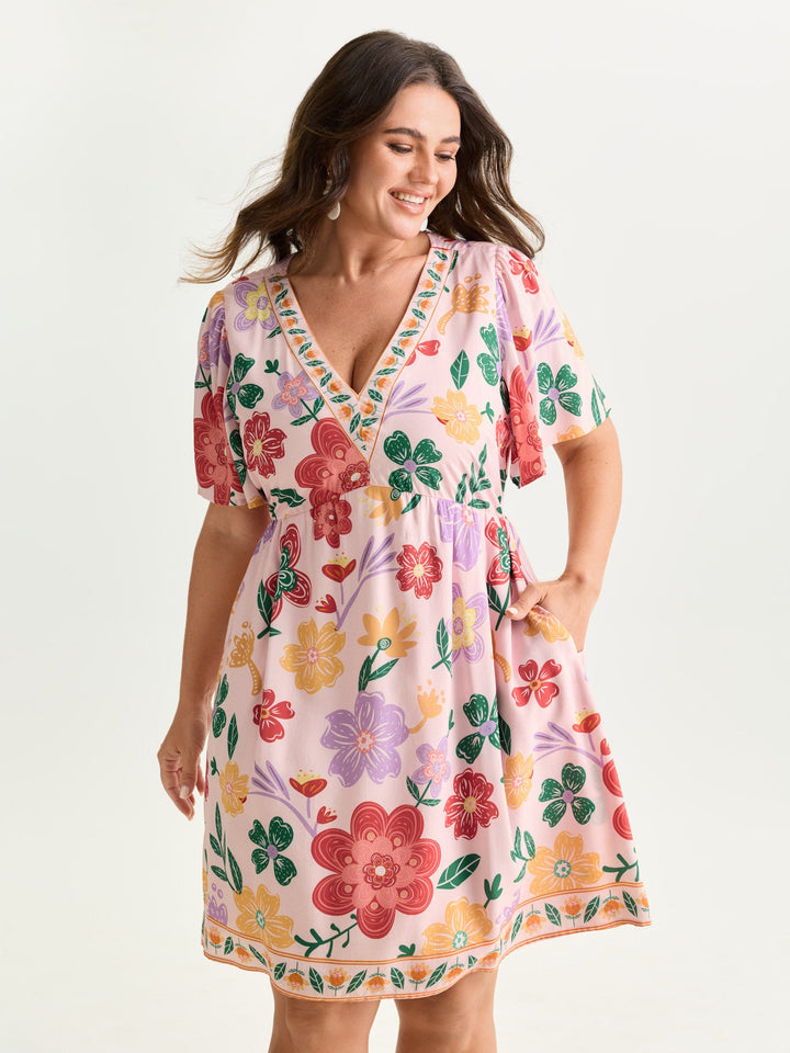Colorful Floral Print V-Neck Mini Dress