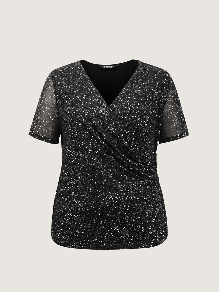 Shimmery Wrap Neck Sheer Sleeve T-Shirt