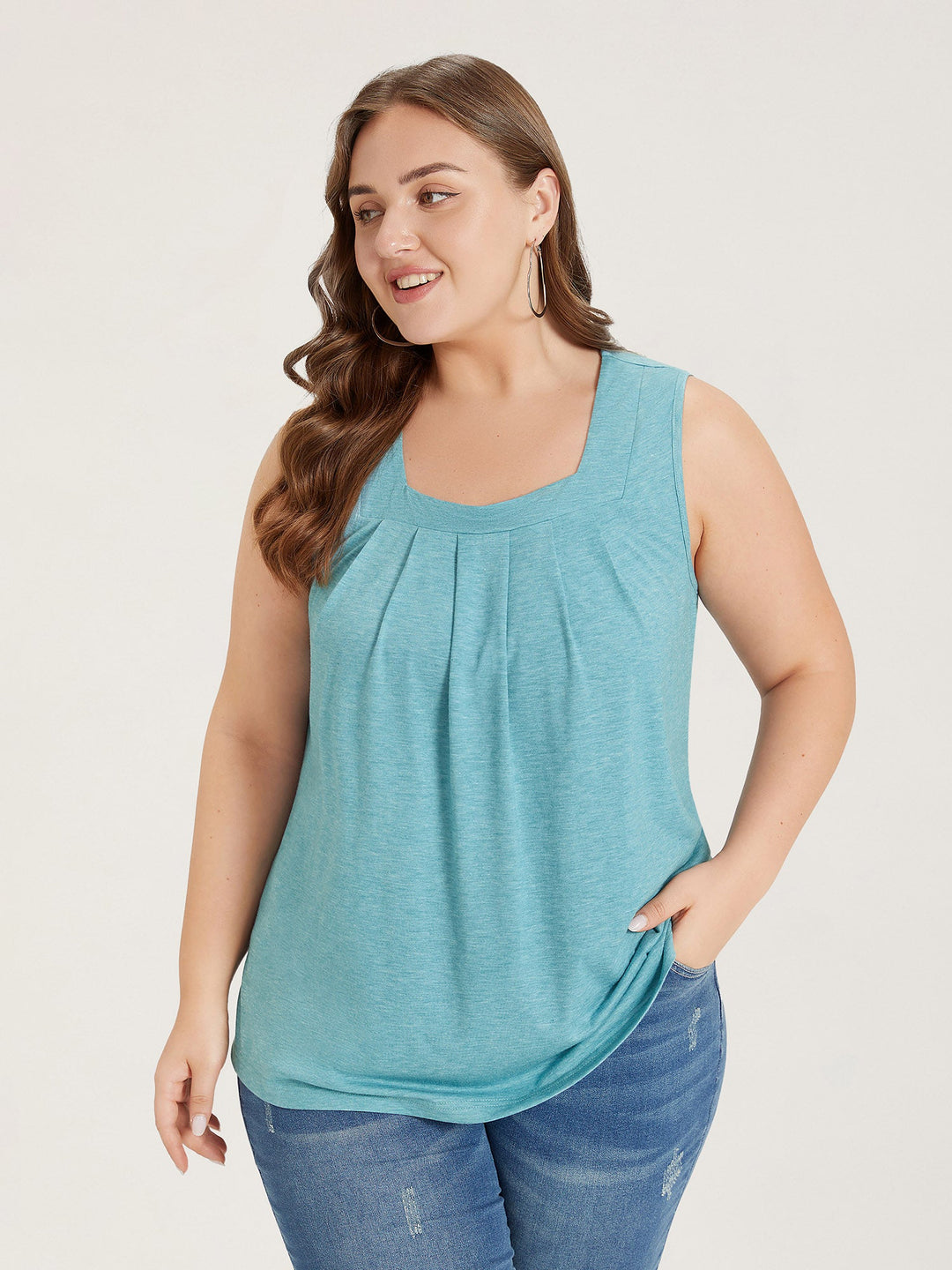 Heather Plicated Detail Square Neck Tank Top
