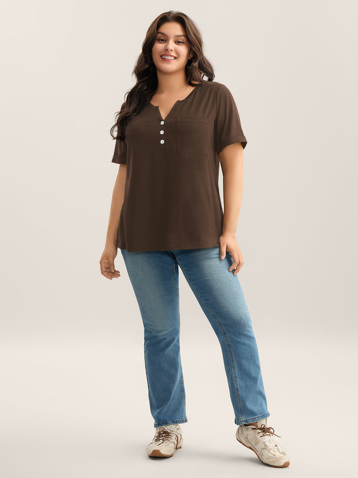 Solid Split Neck Button Detail T-Shirt