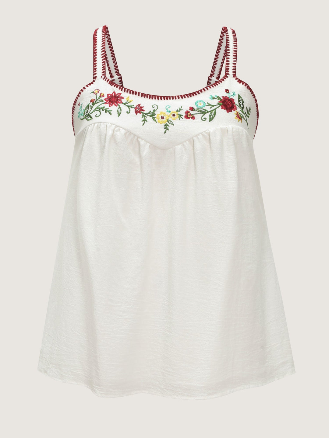 Pure Cotton Floral Embroidered Neckline Tank Top