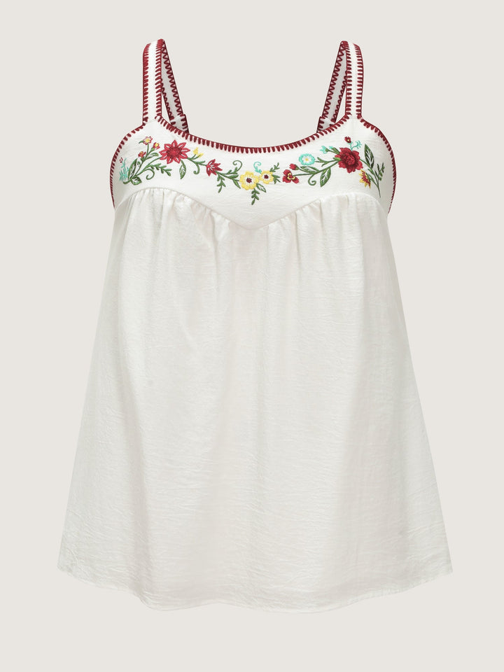Pure Cotton Floral Embroidered Neckline Tank Top