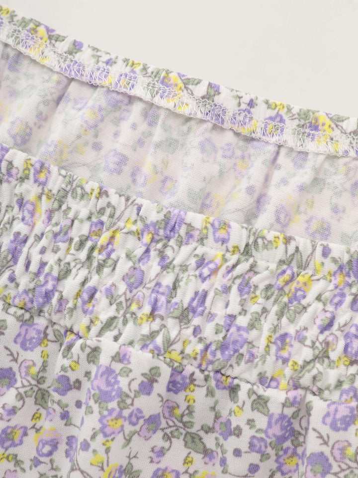 Micro Floral Print Shirred Neckline Knit Top