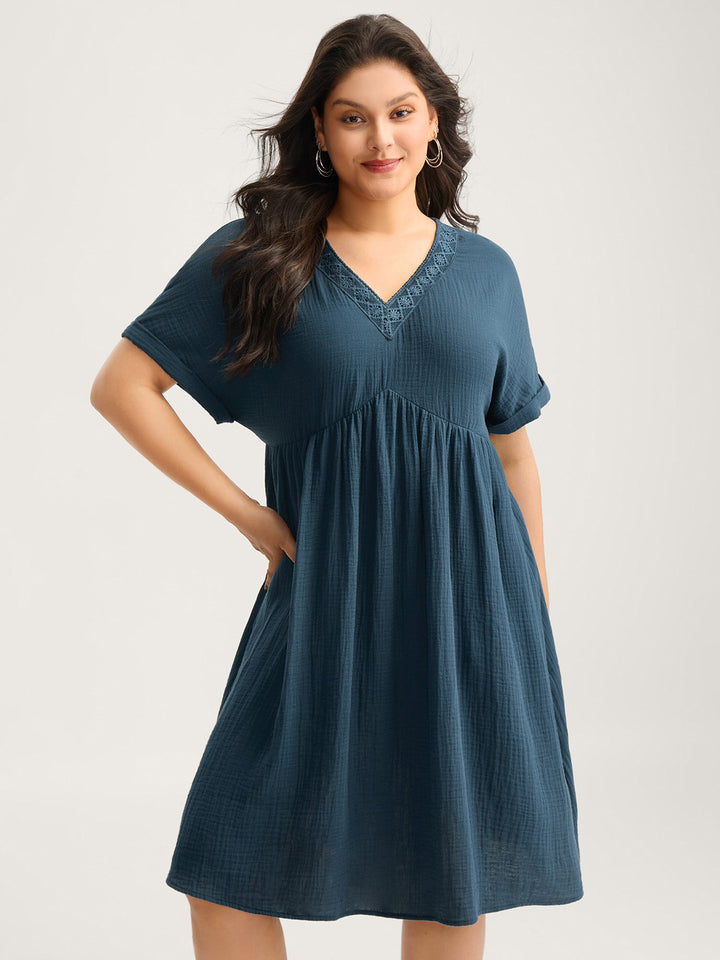 Pure Cotton Lace V-Neck Solid Mini Dress