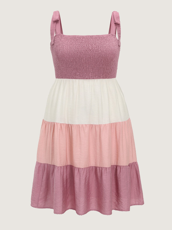 Colorblock Shirred Bodice Tiered Mini Dress