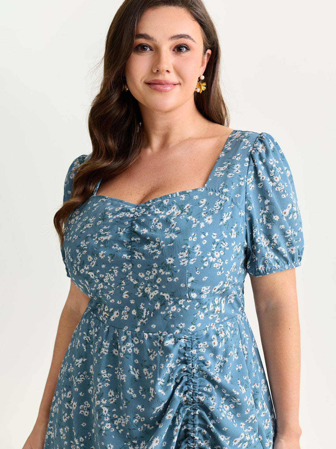 Floral Print Ruched Adjustable Drawstring Hem Midi Dress